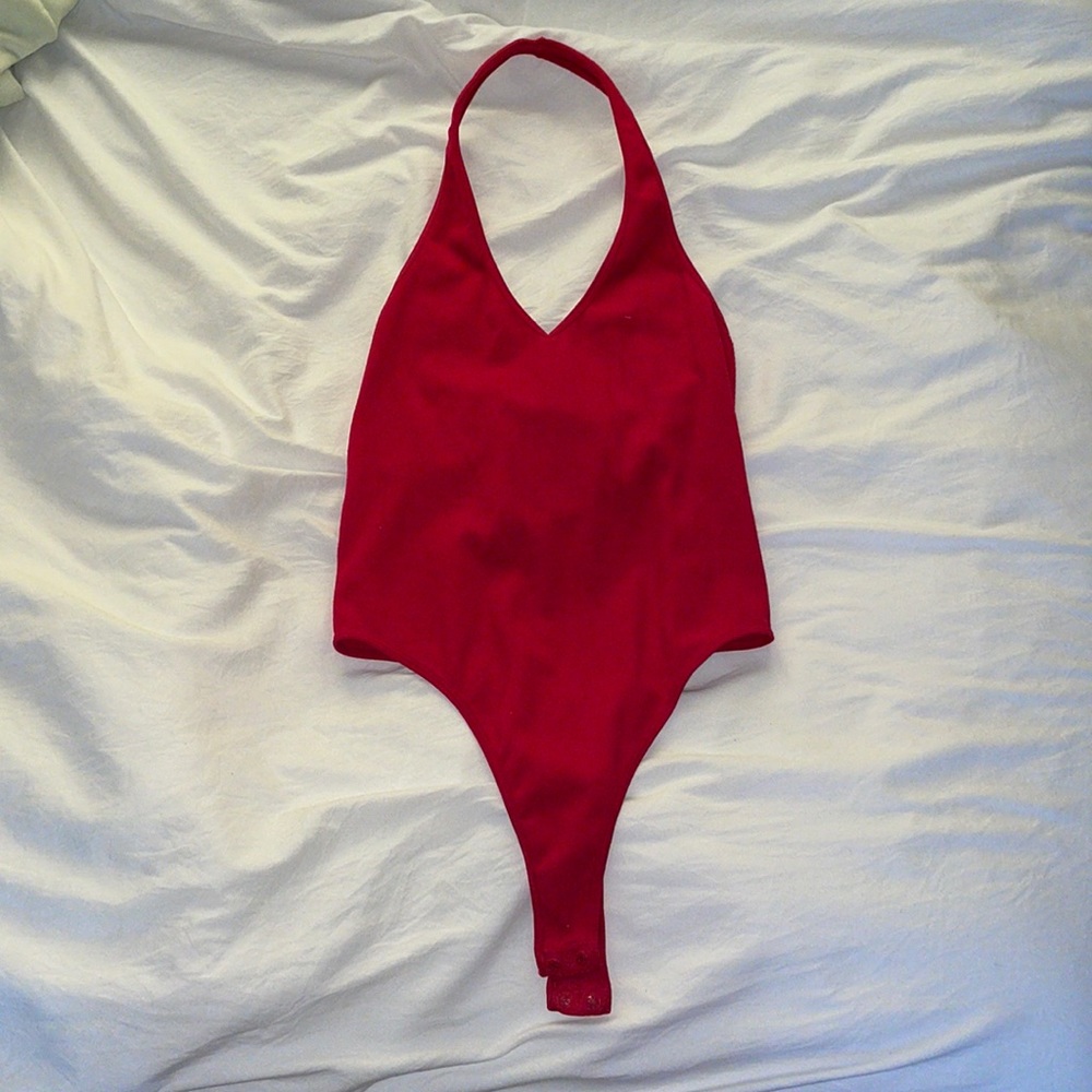 Red halter body suit
